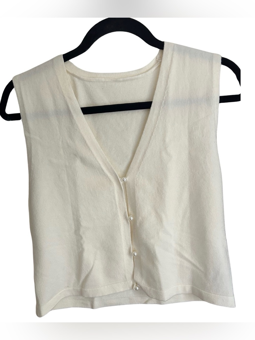 Relaxed Knit Pearl Button V-Neck Sleeveless Vest Top | Cream | Size XS